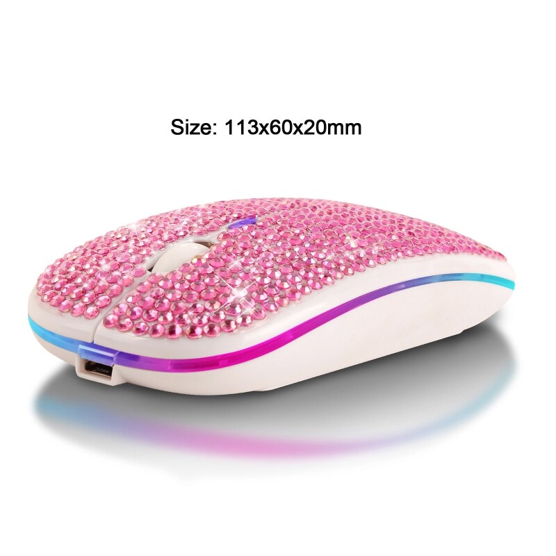 Nabíjateľná bezdrôtová myš kompatibilná s Bluetooth 2,4 GHz s krištáľovým diamantom pre kamienky s RGB podsvietením, skvelý darček pre H