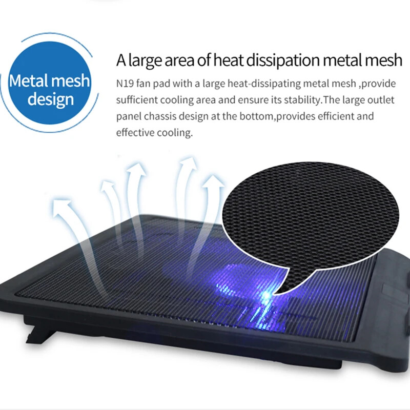 N19 nešiojamojo kompiuterio aušinimo pagrindas 10/12/14 colių universalus didelio ventiliatoriaus radiatoriaus šviečiantis aušinimo padėklas, skirtas MacBook nešiojamojo kompiuterio priedui