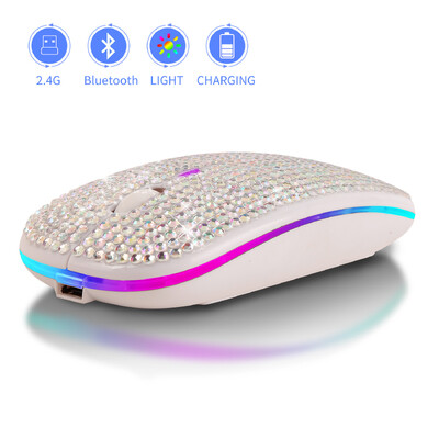 Mouse reîncărcabil, silențios, violet, incrustat cu diamant, Bluetooth dual-mode, cristal strălucitor RGB Raton inalambrico, cadouri de șoareci de 2,4 g