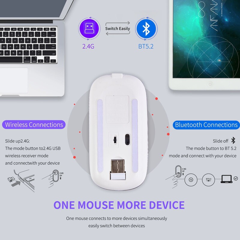 Mouse reîncărcabil, silențios, violet, incrustat cu diamant, Bluetooth dual-mode, cristal strălucitor RGB Raton inalambrico, cadouri de șoareci de 2,4 g