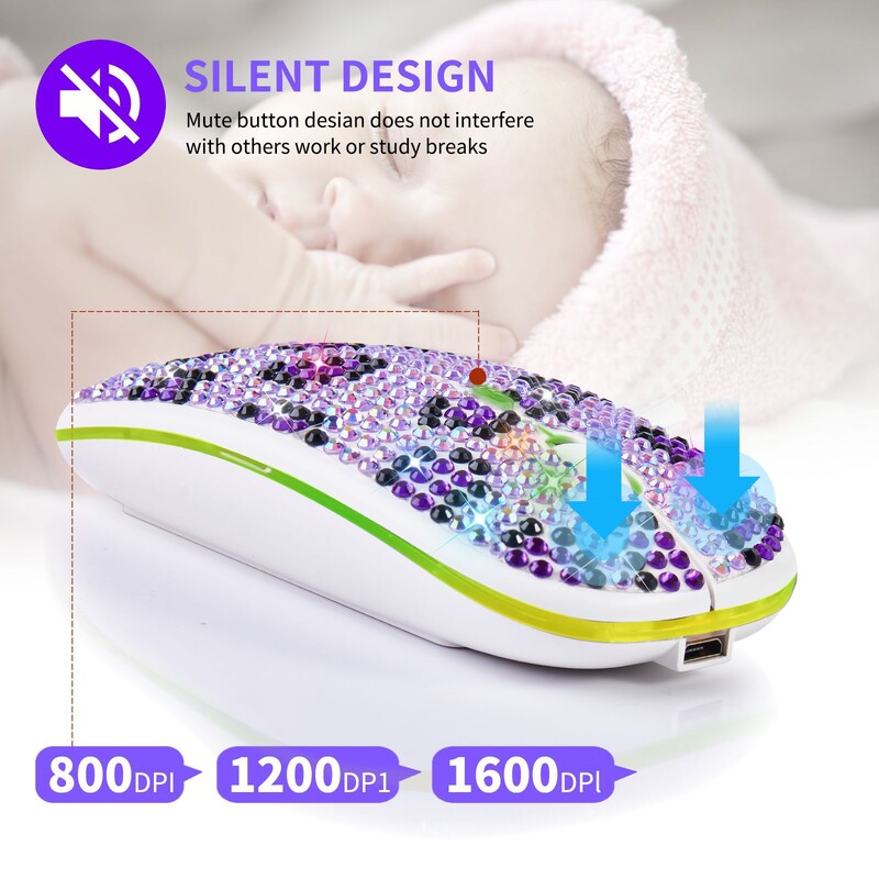 Mouse reîncărcabil, silențios, violet, incrustat cu diamant, Bluetooth dual-mode, cristal strălucitor RGB Raton inalambrico, cadouri de șoareci de 2,4 g