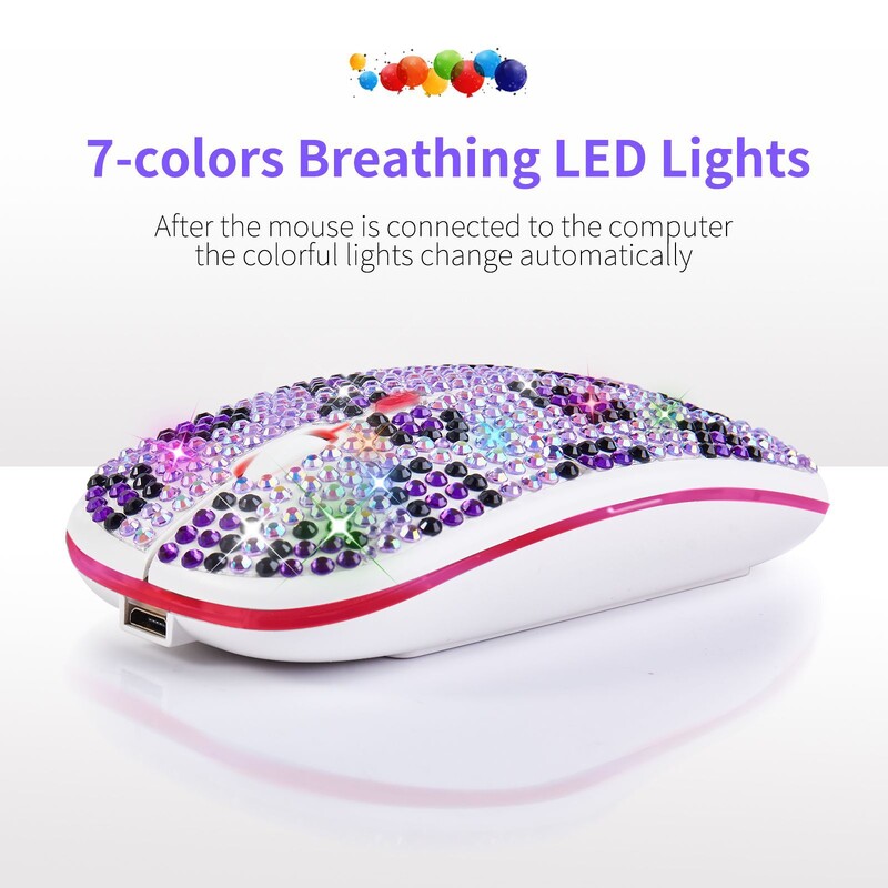 Mouse reîncărcabil, silențios, violet, incrustat cu diamant, Bluetooth dual-mode, cristal strălucitor RGB Raton inalambrico, cadouri de șoareci de 2,4 g