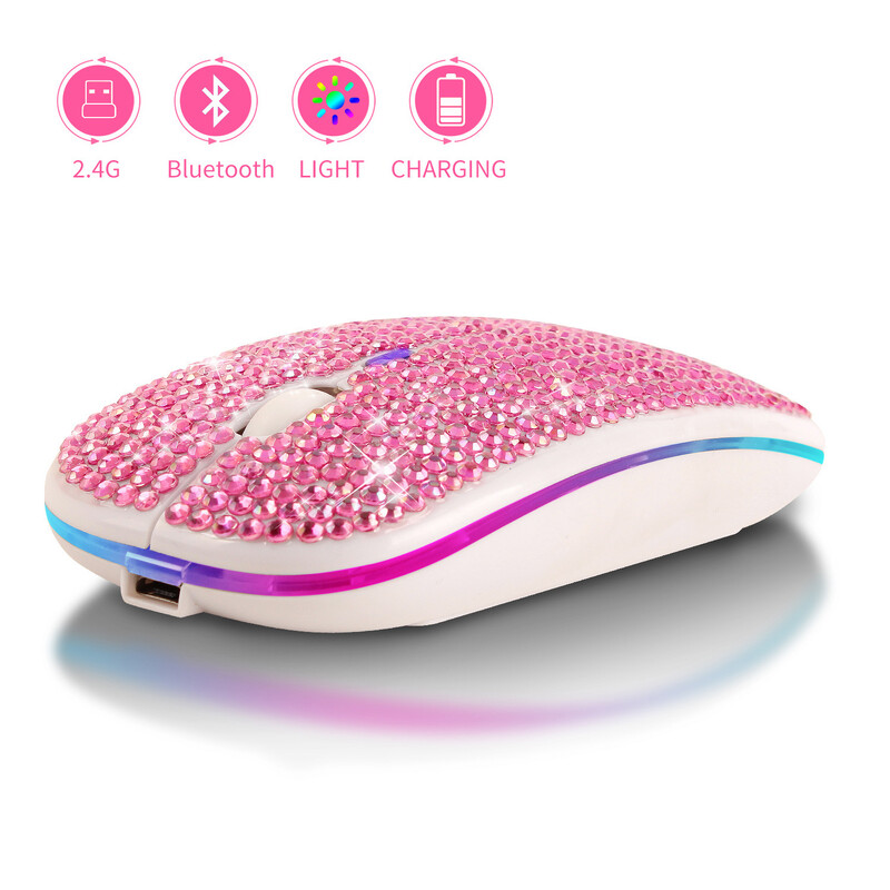 Mouse reîncărcabil, silențios, violet, incrustat cu diamant, Bluetooth dual-mode, cristal strălucitor RGB Raton inalambrico, cadouri de șoareci de 2,4 g