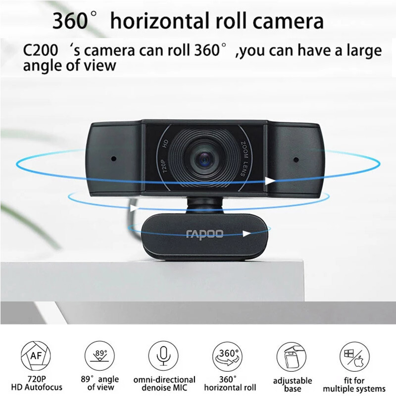Rapoo C200 webkamera 720P HD USB 2.0-val, mikrofonnal forgatható élő közvetítéshez videohívás konferencia kamerákhoz