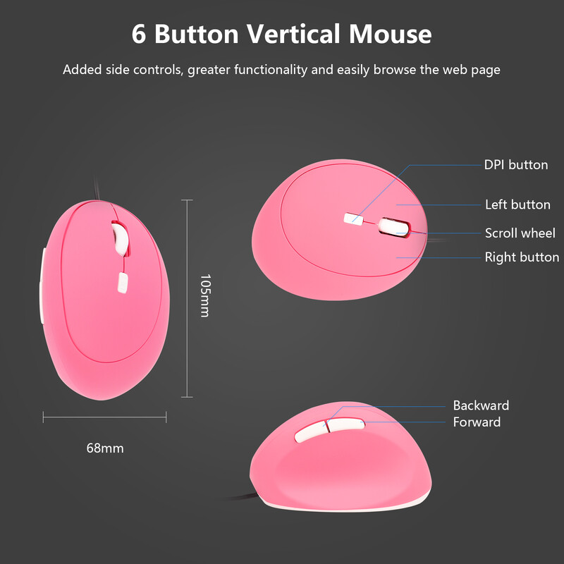 Ergonomiska vertikāla vadu pele, 4 pogas 800/1200/1600 DPI USB datorpele Gamer Biroja peles Plaukstas locītavas Healthy Mause klēpjdatoram