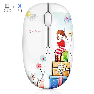 Vezeték nélküli rajzfilm optikai egér aranyos csendes egerek, kettős módú Bluetooth 5.0 és 2.4G vezeték nélküli 1200 DPI laptop notebook PC számítógéphez