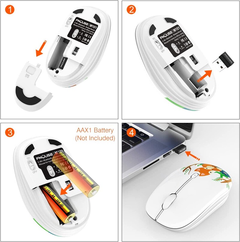 Vezeték nélküli rajzfilm optikai egér aranyos csendes egerek, kettős módú Bluetooth 5.0 és 2.4G vezeték nélküli 1200 DPI laptop notebook PC számítógéphez