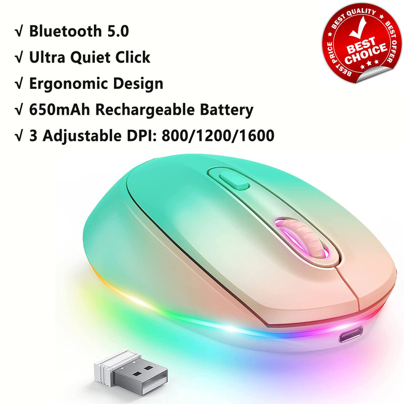Hordozható vezeték nélküli egér csendes kattintással újratölthető, ergonomikus kialakítású színes LED-es háttérvilágítás, több rendszerrel kompatibilis