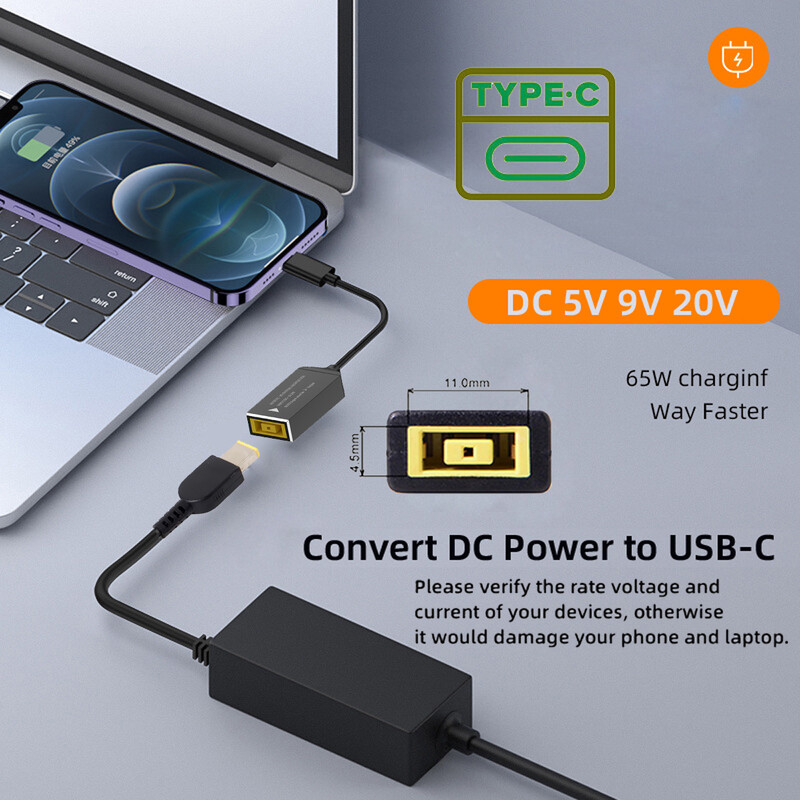 Nabíjací kábel PD100W s redukciou Square Jack na USB Type-C kompatibilný s napájacím adaptérom Lenovo pre notebooky, mobilné telefóny, tablety