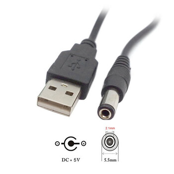 USB към 5,5 мм/2,1 мм 5 V DC барел жак Кабел за захранване 1 м 3 фута Коляно 90 Дизайн под прав ъгъл DC захранващ щепсел USB КАБЕЛ