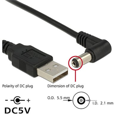 USB 5,5 mm-ig/2,1 mm-ig 5 V DC hordó csatlakozó Tápkábel 1 m 3 láb könyök 90 derékszögű kivitel DC tápcsatlakozó USB KÁBEL