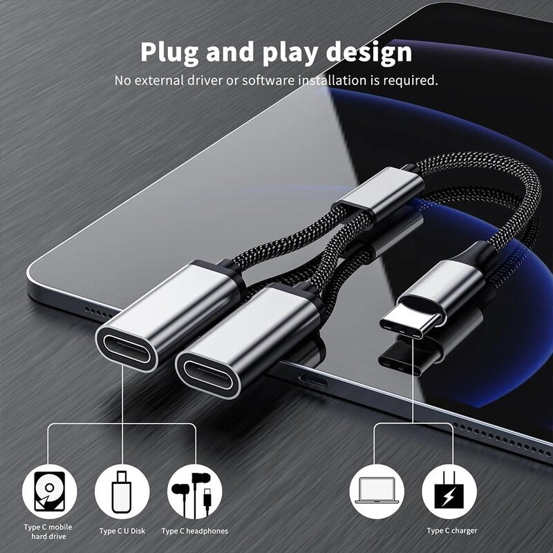 Telefon mobil Tabletă TypeC Hub 3 porturi Unul la două Interfață Typec Splitter USB C masculin la două USB C Femeie Splitter Încărcător