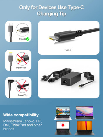 Reletech 65W USB C зарядно за лаптоп Захранващ адаптер за Lenovo ThinkPad,Hp,Chromebook,Yoga,Dell,ASUS,Acer Тип C Бърз захранващ адаптер