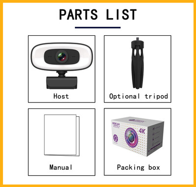 Didelės raiškos 4K tinklo kamera su užpildymo lempute ir mikrofono USB sąsaja, tinka vietiniams vaizdo konferencijų nešiojamiesiems kompiuteriams