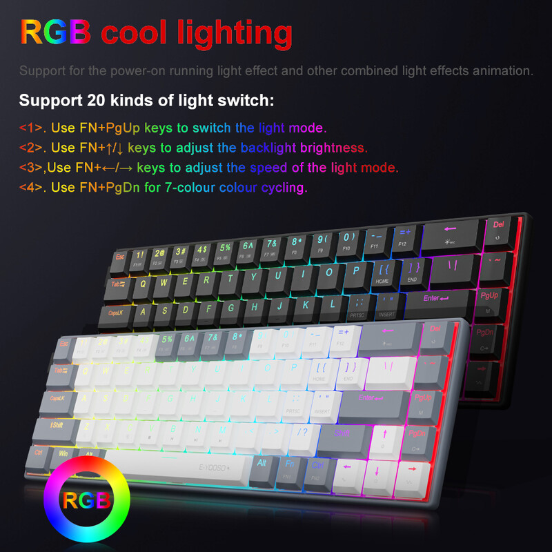 E-YOOSO A68 RGB mini vékony USB vezetékes mechanikus játékbillentyűzet, piros kapcsoló 68 gombos gamer orosz brazil számítógépes számítógéphez