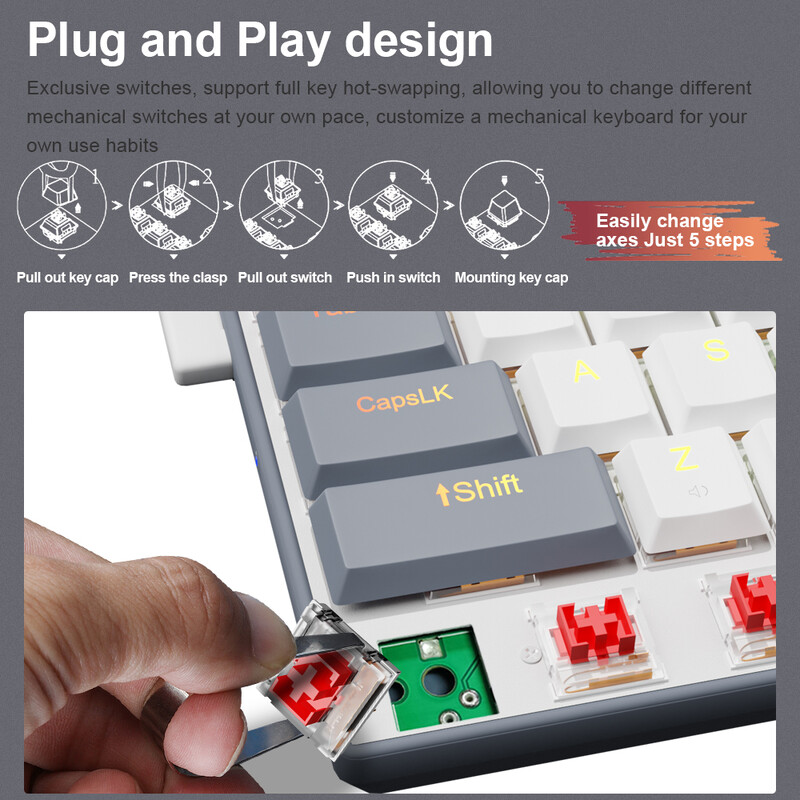 E-YOOSO A68 RGB mini vékony USB vezetékes mechanikus játékbillentyűzet, piros kapcsoló 68 gombos gamer orosz brazil számítógépes számítógéphez