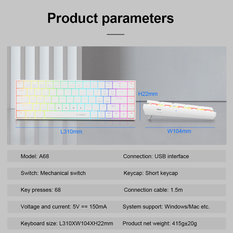 E-YOOSO A68 RGB mini vékony USB vezetékes mechanikus játékbillentyűzet, piros kapcsoló 68 gombos gamer orosz brazil számítógépes számítógéphez