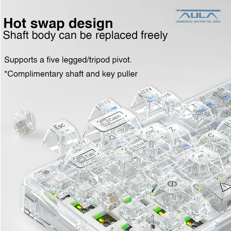 AULA mechanikus billentyűzet F68 2.4G vezeték nélküli/Bluetooth/vezetékes átlátszó billentyűzettel színes fényekhez, munkához, játékhoz, mechanikus billentyűzet