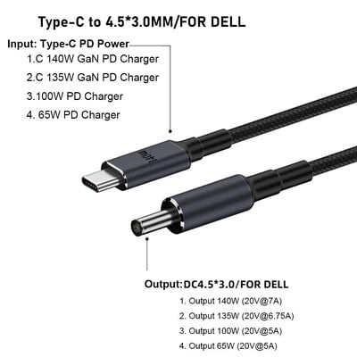 Cablu USB de tip C la DC de 180 cm PD 140 W Cablu de alimentare pentru laptop 20 V 7 A Linie convertizor Sârmă de încărcare rapidă pentru HP/Dell/Asus