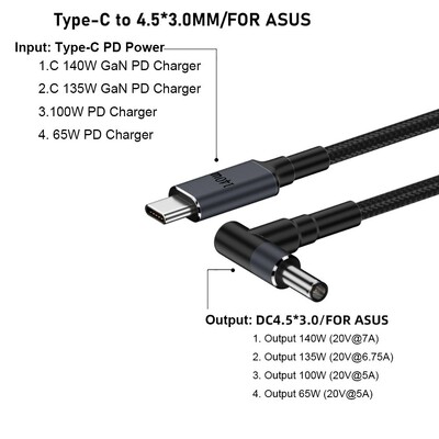 Cablu USB de tip C la DC de 180 cm PD 140 W Cablu de alimentare pentru laptop 20 V 7 A Linie convertizor Sârmă de încărcare rapidă pentru HP/Dell/Asus