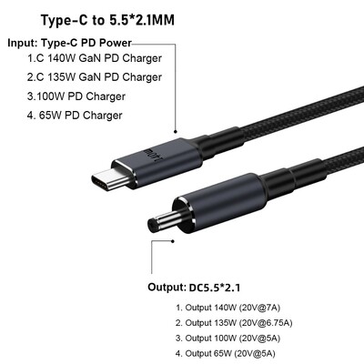 Cablu USB de tip C la DC de 180 cm PD 140 W Cablu de alimentare pentru laptop 20 V 7 A Linie convertizor Sârmă de încărcare rapidă pentru HP/Dell/Asus