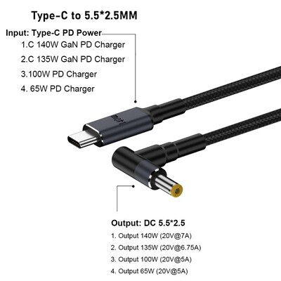 Cablu USB de tip C la DC de 180 cm PD 140 W Cablu de alimentare pentru laptop 20 V 7 A Linie convertizor Sârmă de încărcare rapidă pentru HP/Dell/Asus