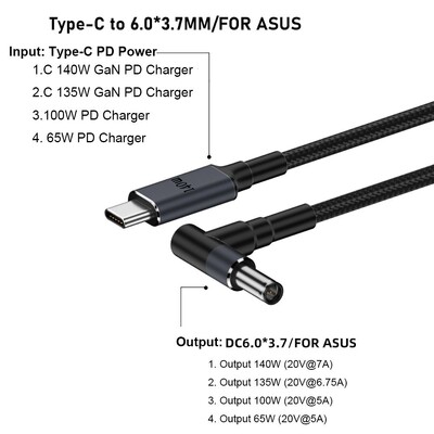 Cablu USB de tip C la DC de 180 cm PD 140 W Cablu de alimentare pentru laptop 20 V 7 A Linie convertizor Sârmă de încărcare rapidă pentru HP/Dell/Asus