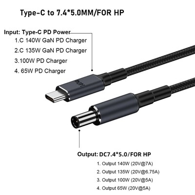 Cablu USB de tip C la DC de 180 cm PD 140 W Cablu de alimentare pentru laptop 20 V 7 A Linie convertizor Sârmă de încărcare rapidă pentru HP/Dell/Asus