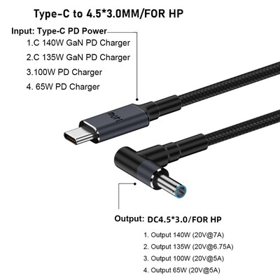 Cablu USB de tip C la DC de 180 cm PD 140 W Cablu de alimentare pentru laptop 20 V 7 A Linie convertizor Sârmă de încărcare rapidă pentru HP/Dell/Asus