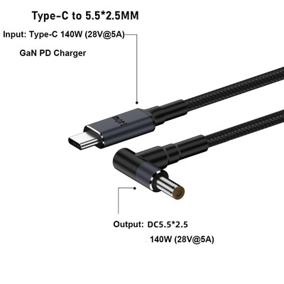 Cablu USB de tip C la DC de 180 cm PD 140 W Cablu de alimentare pentru laptop 20 V 7 A Linie convertizor Sârmă de încărcare rapidă pentru HP/Dell/Asus