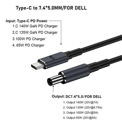 Cablu USB de tip C la DC de 180 cm PD 140 W Cablu de alimentare pentru laptop 20 V 7 A Linie convertizor Sârmă de încărcare rapidă pentru HP/Dell/Asus