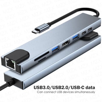 MZX 8 в 1 USB-C докинг станция USB хъб 3 0 тип CA концентратор 4K HDMI-съвместим RJ45 SD TF четец на карти докинг станция за хъб за лаптоп