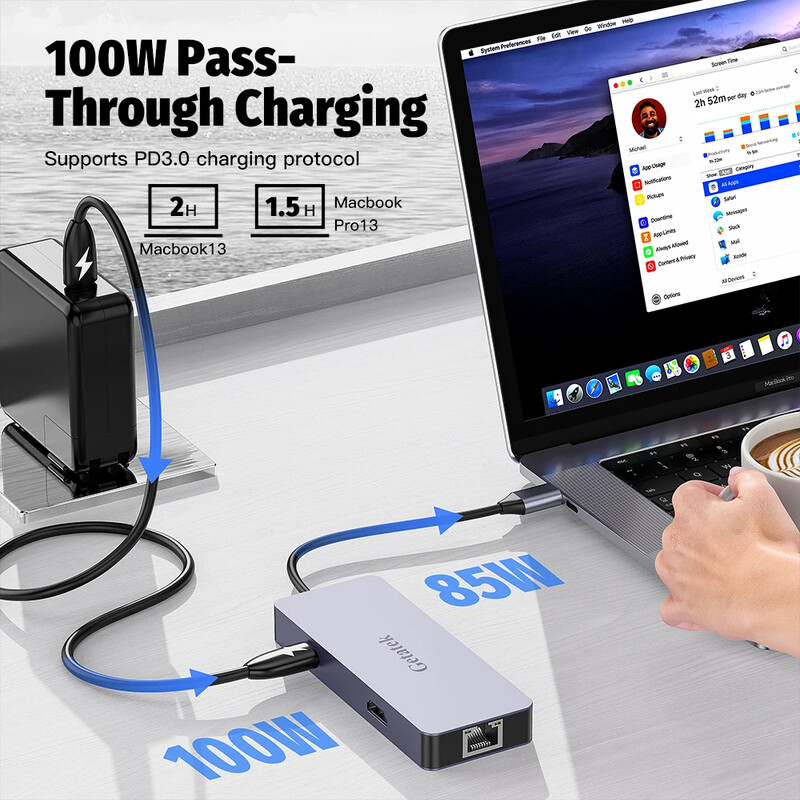 FORIDA USB C 3.2 čvorište s 4K@60 Hz HDMI Gigabit Ethernet 100W PD punjenje USB C priključna stanica za iPhone 15 MacBook Dell Steam
