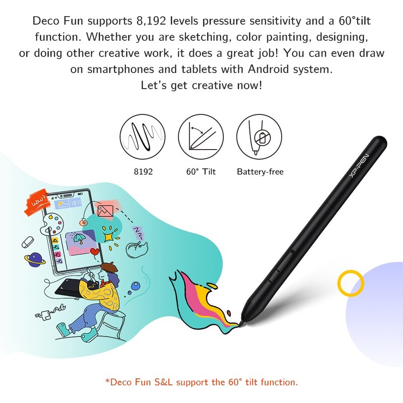 Tabletă grafică XPPen pentru desen DecoFun S Pen Tabletă 6x4 inci cu 8192 de nivele de presiune Baterie gratuită pentru Android Mac Linux Windows