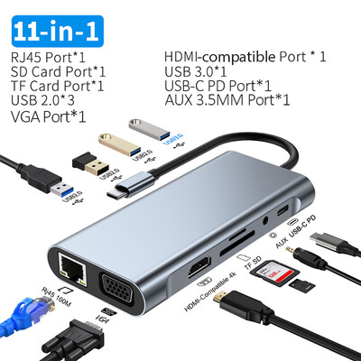 USB C HUB 4K 30Hz Type C na HDMI-kompatibilan USB 3.0 adapter 11 u 1 Type C HUB Dock PD 87W USB C Splitter za MacBook Pro Air