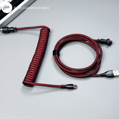 Cablu de tastatură spiralat USB C pentru tastatură mecanică de jocuri Sârmă cu manșon dublu cu conector de aviator metalic detașabil Încărcare