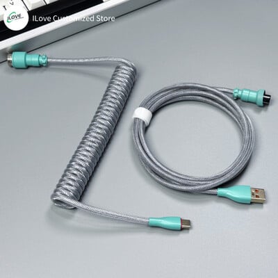 Cablu de tastatură spiralat USB C pentru tastatură mecanică de jocuri Sârmă cu manșon dublu cu conector de aviator metalic detașabil Încărcare
