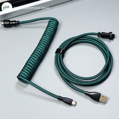 Cablu de tastatură spiralat USB C pentru tastatură mecanică de jocuri Sârmă cu manșon dublu cu conector de aviator metalic detașabil Încărcare