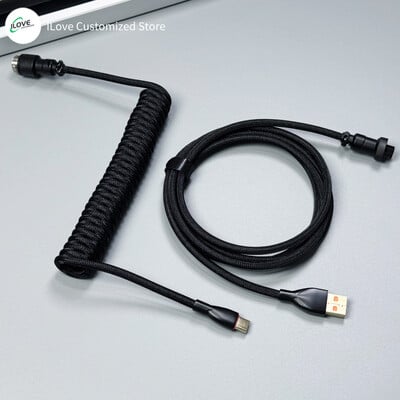 Cablu de tastatură spiralat USB C pentru tastatură mecanică de jocuri Sârmă cu manșon dublu cu conector de aviator metalic detașabil Încărcare