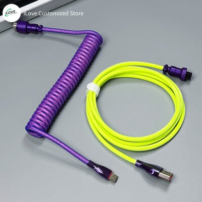 Cablu de tastatură spiralat USB C pentru tastatură mecanică de jocuri Sârmă cu manșon dublu cu conector de aviator metalic detașabil Încărcare