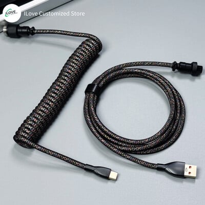 Cablu de tastatură spiralat USB C pentru tastatură mecanică de jocuri Sârmă cu manșon dublu cu conector de aviator metalic detașabil Încărcare