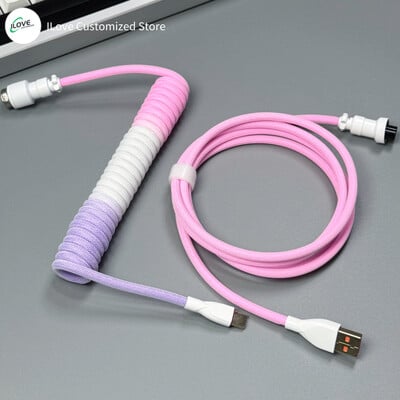 Cablu de tastatură spiralat USB C pentru tastatură mecanică de jocuri Sârmă cu manșon dublu cu conector de aviator metalic detașabil Încărcare