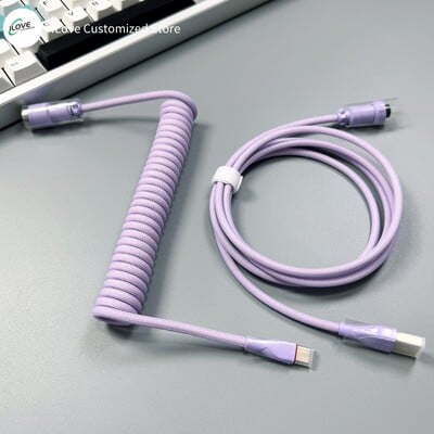 Cablu de tastatură spiralat USB C pentru tastatură mecanică de jocuri Sârmă cu manșon dublu cu conector de aviator metalic detașabil Încărcare