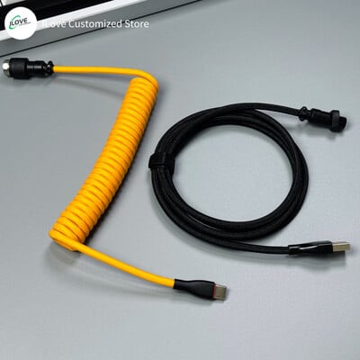 Cablu de tastatură spiralat USB C pentru tastatură mecanică de jocuri Sârmă cu manșon dublu cu conector de aviator metalic detașabil Încărcare