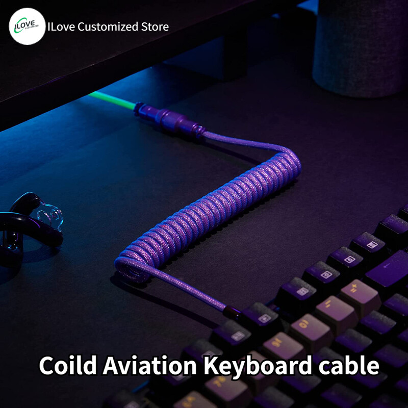 Cablu de tastatură spiralat USB C pentru tastatură mecanică de jocuri Sârmă cu manșon dublu cu conector de aviator metalic detașabil Încărcare