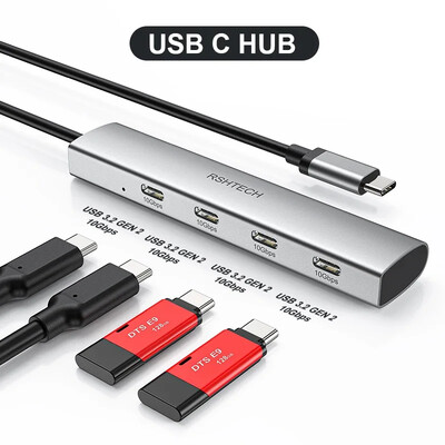 RSHTECH USB C Hub USB 3.1/3.2 Gen2 Hub 10Gbps 4-Port USB C Splitter Prijenosni aluminijski USB Type C na USB C adapter za MacBook