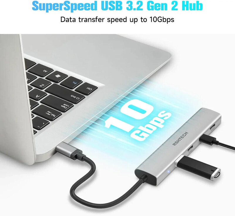 RSHTECH USB C Hub USB 3.1/3.2 Gen2 Hub 10Gbps 4-Port USB C Splitter Prijenosni aluminijski USB Type C na USB C adapter za MacBook