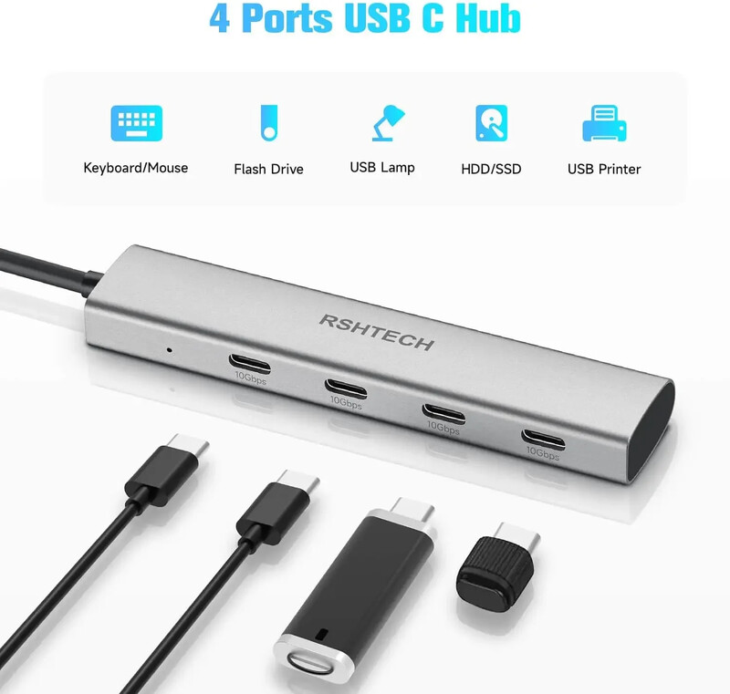 RSHTECH USB C Hub USB 3.1/3.2 Gen2 Hub 10Gbps 4-Port USB C Splitter Prijenosni aluminijski USB Type C na USB C adapter za MacBook