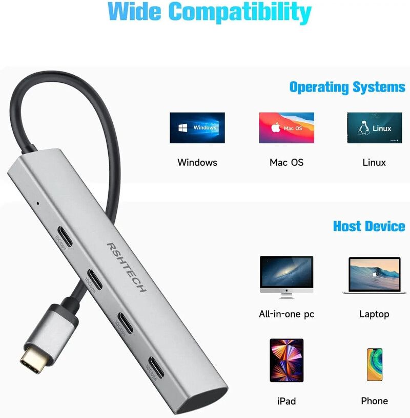 RSHTECH USB C Hub USB 3.1/3.2 Gen2 Hub 10Gbps 4-Port USB C Splitter Prijenosni aluminijski USB Type C na USB C adapter za MacBook