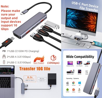 Getatek USB C хъб 10Gbps USB C сплитер 100W мощност за зареждане USB 3.2 хъб за лаптоп MacBook Air/Pro iPhone 15/15 Pro/15 Pro Max